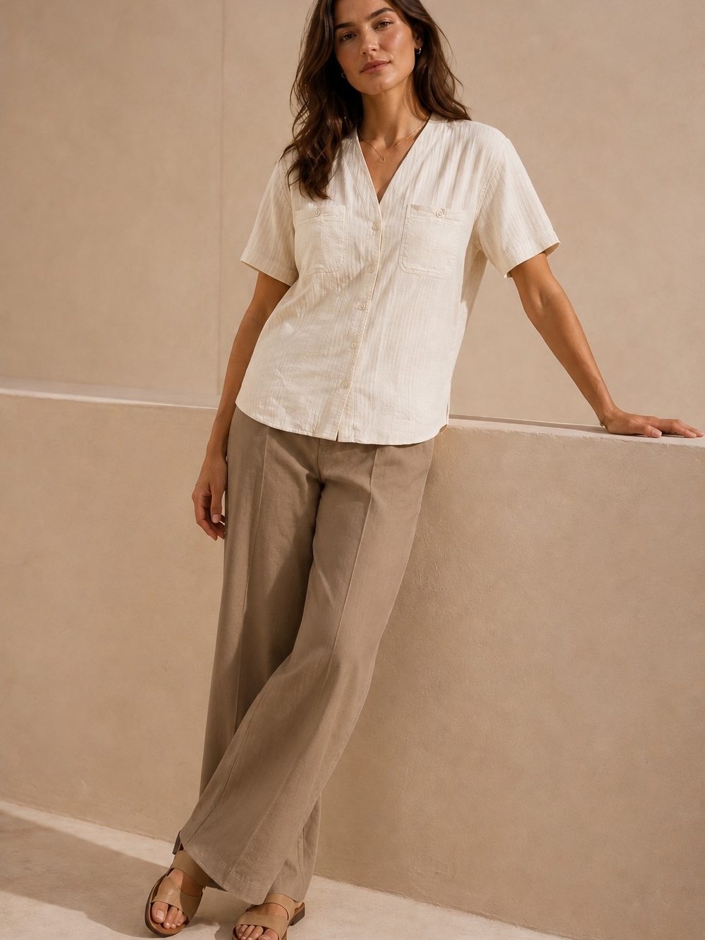Beige Linen Blend Shirt Collarless Minimalist Coastal Clean Girl Button Up